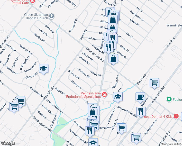 map of restaurants, bars, coffee shops, grocery stores, and more near 21 James Road in Hatboro