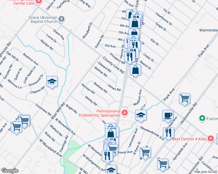 map of restaurants, bars, coffee shops, grocery stores, and more near 21 James Road in Hatboro