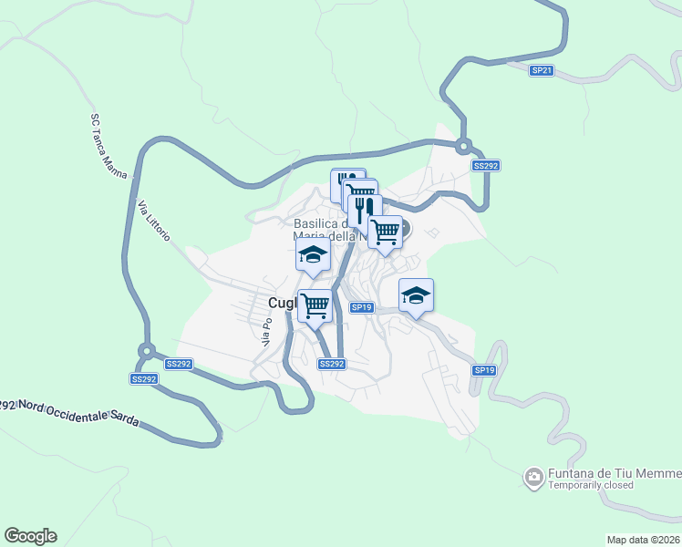 map of restaurants, bars, coffee shops, grocery stores, and more near 45 Via Roma in Cuglieri