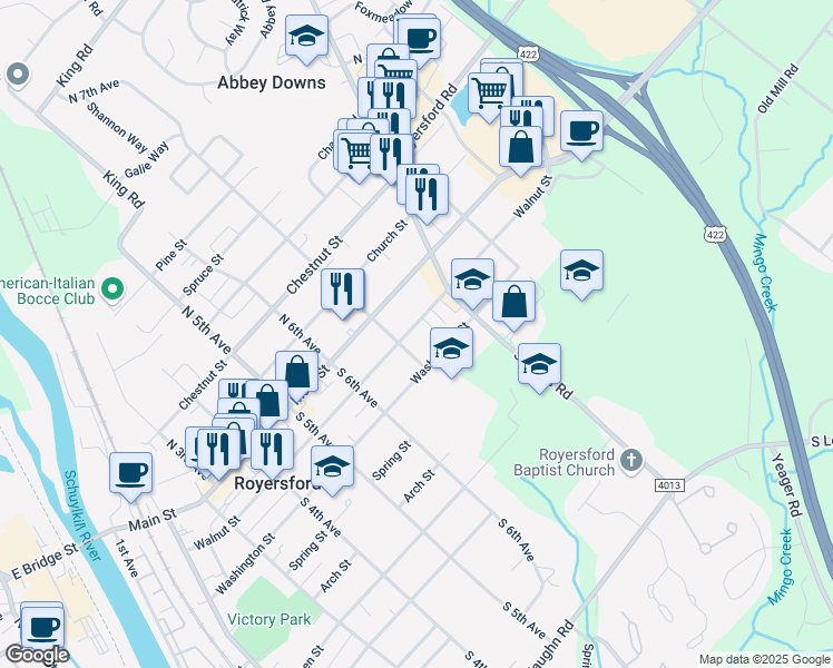 map of restaurants, bars, coffee shops, grocery stores, and more near 718 Walnut Street in Royersford