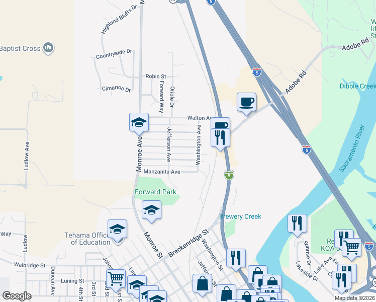 map of restaurants, bars, coffee shops, grocery stores, and more near 240 Encinal Drive in Red Bluff