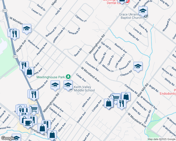 map of restaurants, bars, coffee shops, grocery stores, and more near 226 West Moreland Avenue in Hatboro