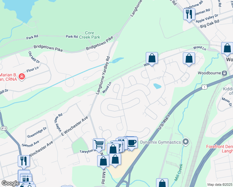 map of restaurants, bars, coffee shops, grocery stores, and more near 12 Tupelo Lane in Langhorne