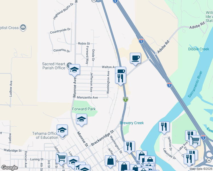 map of restaurants, bars, coffee shops, grocery stores, and more near 2145 Washington Avenue in Red Bluff
