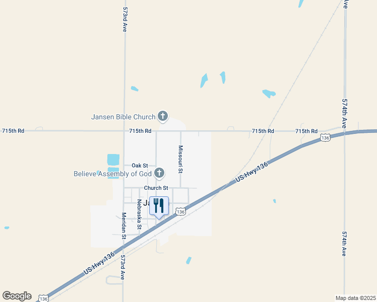 map of restaurants, bars, coffee shops, grocery stores, and more near 601 Missouri Street in Jansen