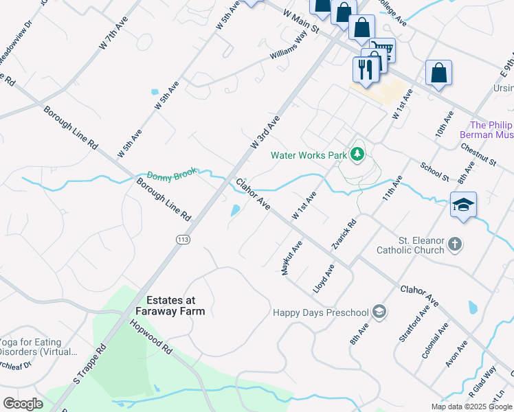map of restaurants, bars, coffee shops, grocery stores, and more near 244 Clahor Avenue in Collegeville