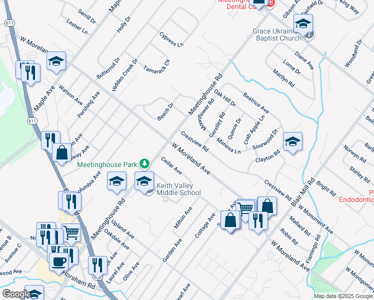 map of restaurants, bars, coffee shops, grocery stores, and more near 226 West Moreland Avenue in Hatboro
