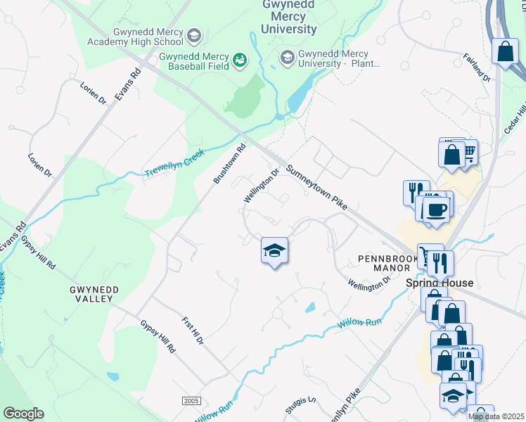 map of restaurants, bars, coffee shops, grocery stores, and more near 67 Harlow Circle in Spring House