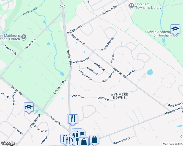 map of restaurants, bars, coffee shops, grocery stores, and more near 919 Thornton Road in Horsham