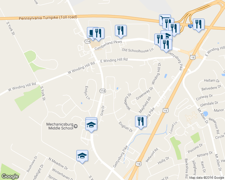 map of restaurants, bars, coffee shops, grocery stores, and more near 1457 English Drive in Mechanicsburg