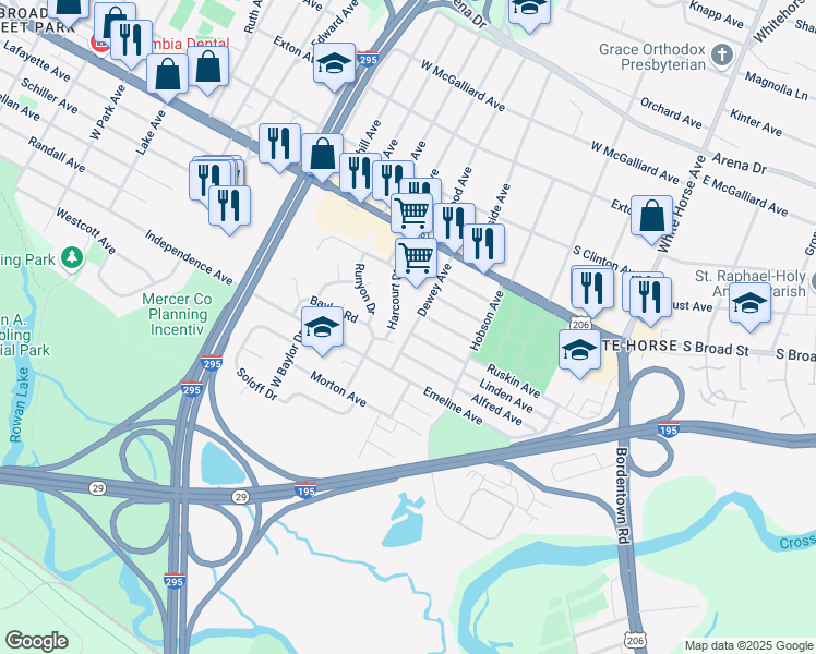 map of restaurants, bars, coffee shops, grocery stores, and more near 110 Harcourt Drive in Trenton