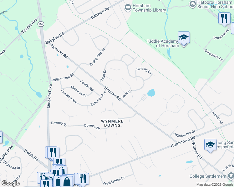 map of restaurants, bars, coffee shops, grocery stores, and more near 12 Derby Circle in Horsham