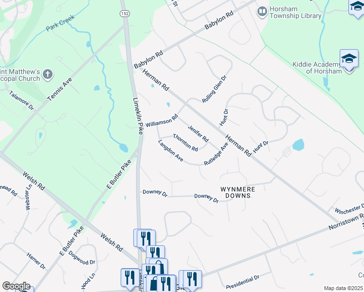 map of restaurants, bars, coffee shops, grocery stores, and more near 919 Thornton Road in Horsham