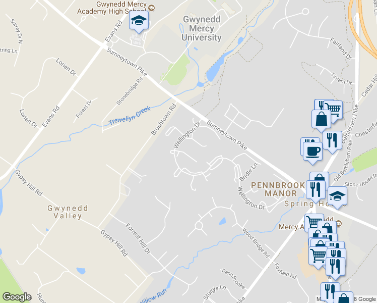 map of restaurants, bars, coffee shops, grocery stores, and more near 67 Harlow Circle in Spring House