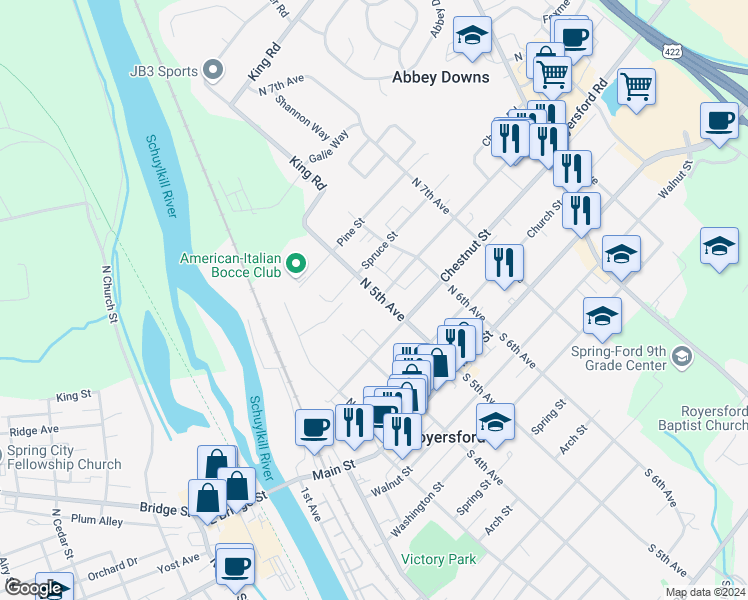 map of restaurants, bars, coffee shops, grocery stores, and more near 301 North 5th Avenue in Royersford