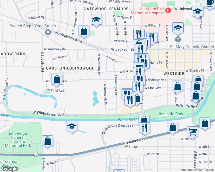 map of restaurants, bars, coffee shops, grocery stores, and more near 3220 West Ethel Avenue in Muncie