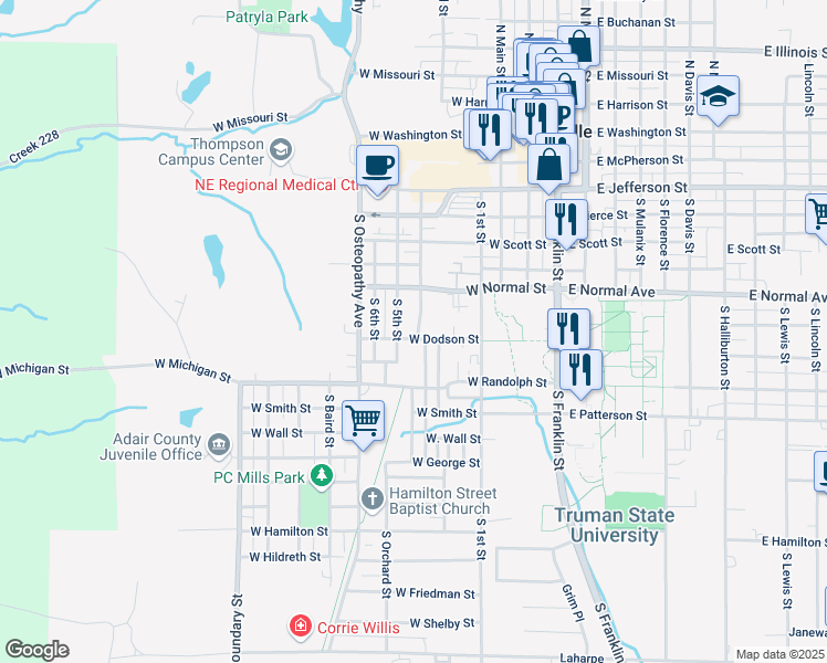 map of restaurants, bars, coffee shops, grocery stores, and more near 719 South 5th Street in Kirksville