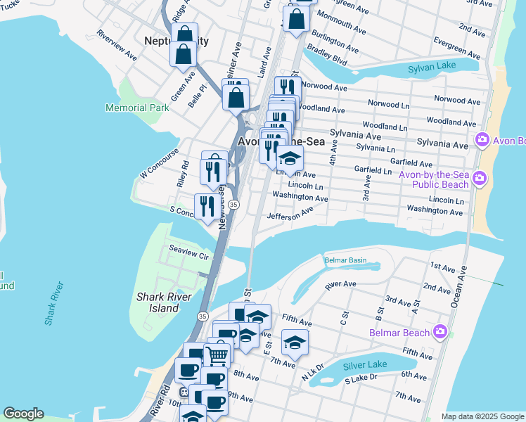 map of restaurants, bars, coffee shops, grocery stores, and more near 523 Washington Avenue in Avon-by-the-Sea