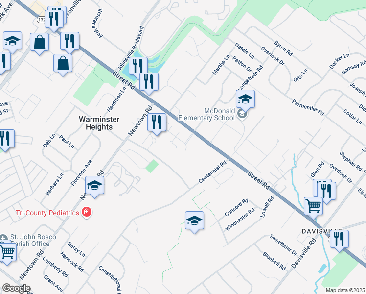 map of restaurants, bars, coffee shops, grocery stores, and more near 2100 Centennial Station in Warminster