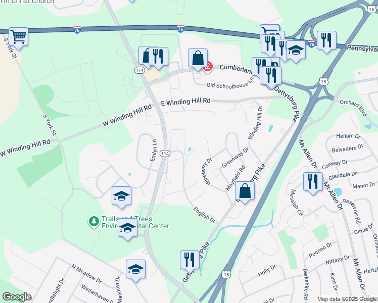 map of restaurants, bars, coffee shops, grocery stores, and more near 1300 English Drive in Mechanicsburg