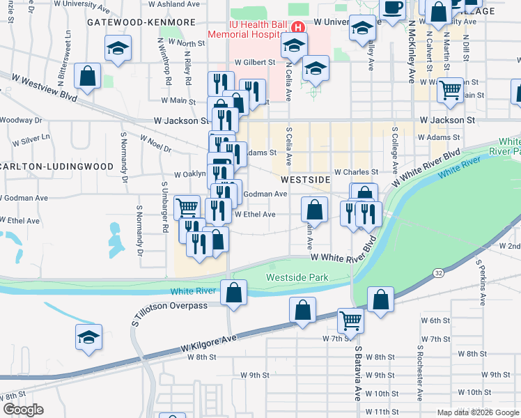 map of restaurants, bars, coffee shops, grocery stores, and more near 2609 West Godman Avenue in Muncie