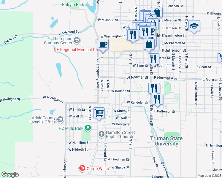 map of restaurants, bars, coffee shops, grocery stores, and more near 719 South 5th Street in Kirksville