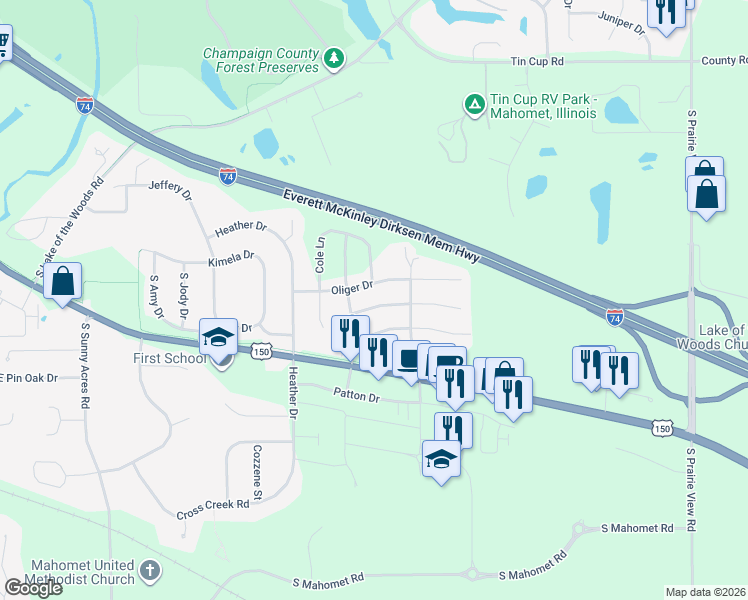 map of restaurants, bars, coffee shops, grocery stores, and more near 1608 Oliger Drive in Mahomet