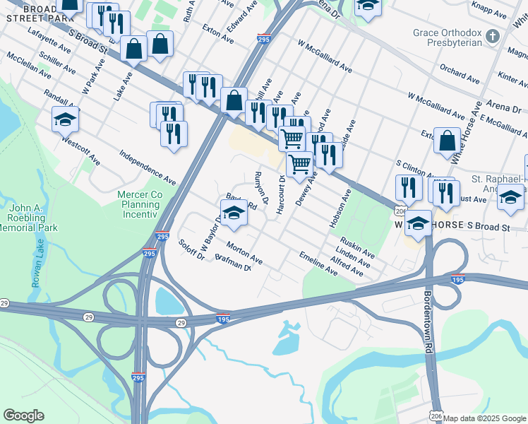 map of restaurants, bars, coffee shops, grocery stores, and more near Baylor Road & Runyon Drive in Trenton