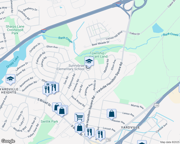 map of restaurants, bars, coffee shops, grocery stores, and more near 166 Elton Avenue in Hamilton Township