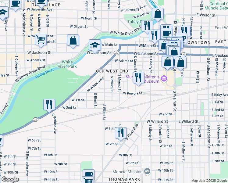 map of restaurants, bars, coffee shops, grocery stores, and more near 512 South Proud Street in Muncie