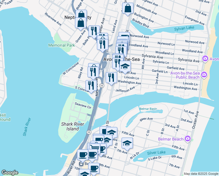 map of restaurants, bars, coffee shops, grocery stores, and more near 600 Jefferson Avenue in Avon-by-the-Sea