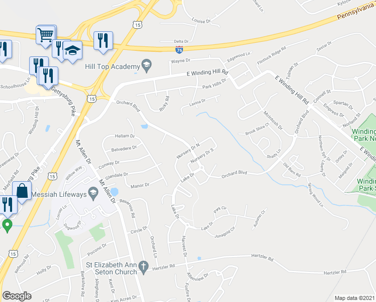 map of restaurants, bars, coffee shops, grocery stores, and more near 485 Nursery Drive North in Mechanicsburg