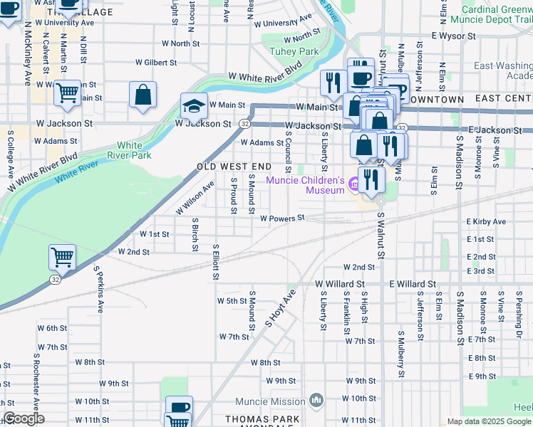map of restaurants, bars, coffee shops, grocery stores, and more near 700 West Powers Street in Muncie