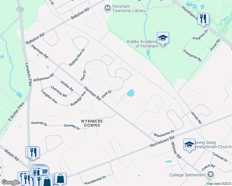 map of restaurants, bars, coffee shops, grocery stores, and more near 13 Hunt Drive in Horsham