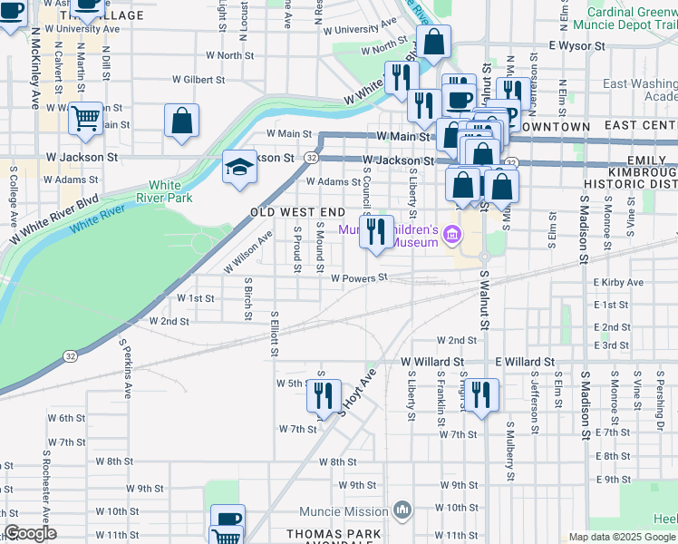 map of restaurants, bars, coffee shops, grocery stores, and more near 527 South Gharkey Street in Muncie