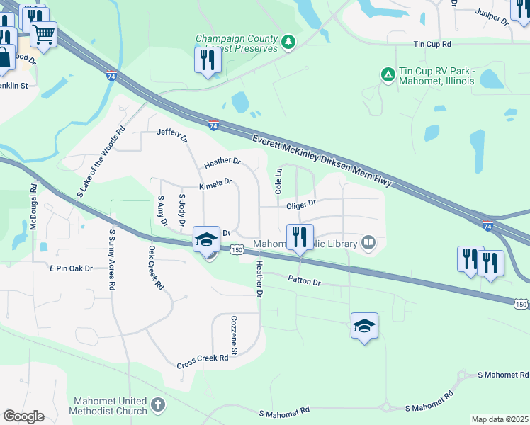 map of restaurants, bars, coffee shops, grocery stores, and more near 712 Heather Drive in Mahomet
