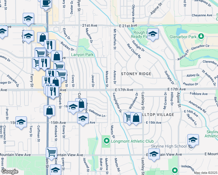 map of restaurants, bars, coffee shops, grocery stores, and more near 1700 Meadow Street in Longmont