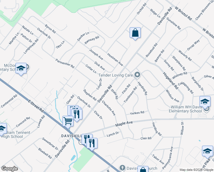 map of restaurants, bars, coffee shops, grocery stores, and more near 851 Lingo Drive in Warminster