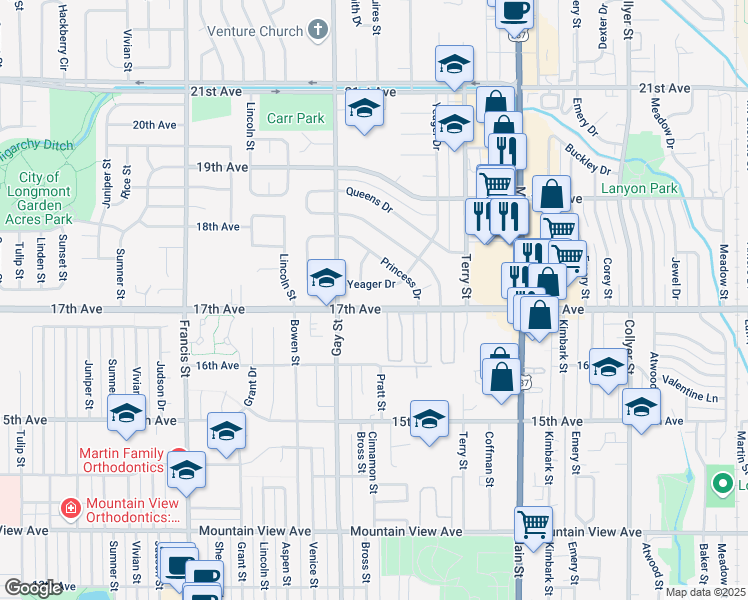 map of restaurants, bars, coffee shops, grocery stores, and more near 1050 17th Avenue in Longmont