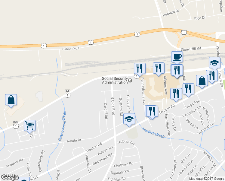 map of restaurants, bars, coffee shops, grocery stores, and more near 801 Edgemont Road in Fairless Hills