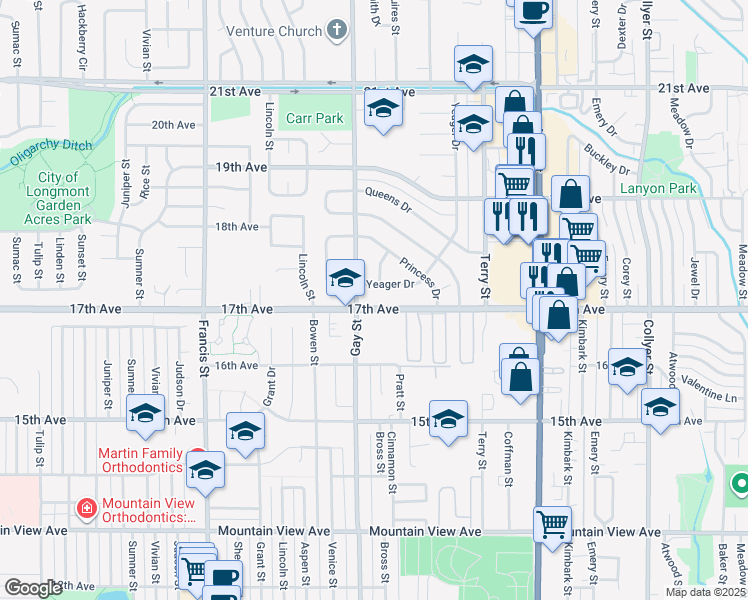 map of restaurants, bars, coffee shops, grocery stores, and more near 1080 17th Avenue in Longmont
