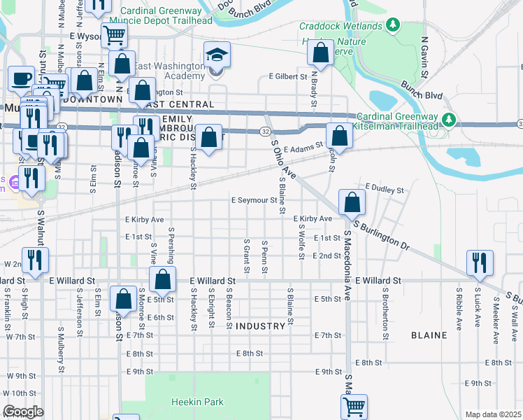 map of restaurants, bars, coffee shops, grocery stores, and more near 615 South Penn Street in Muncie