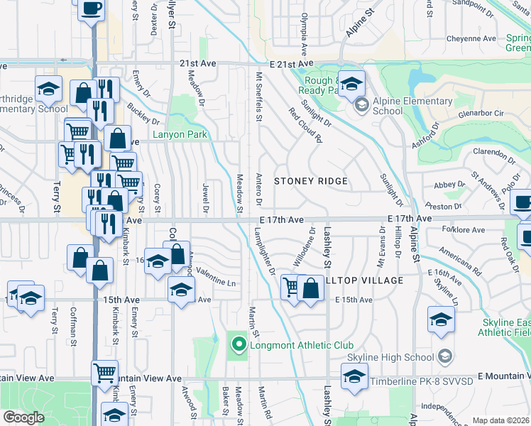 map of restaurants, bars, coffee shops, grocery stores, and more near 1728 Shavano Street in Longmont