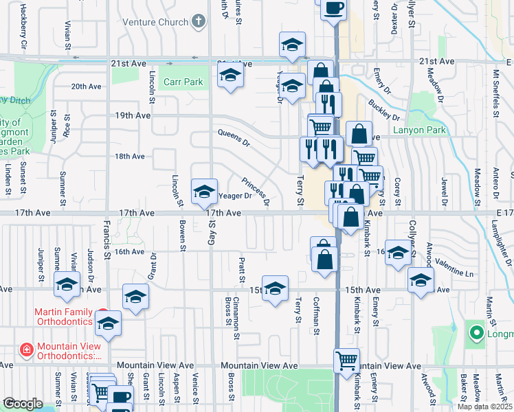 map of restaurants, bars, coffee shops, grocery stores, and more near 1008 Yeager Drive in Longmont