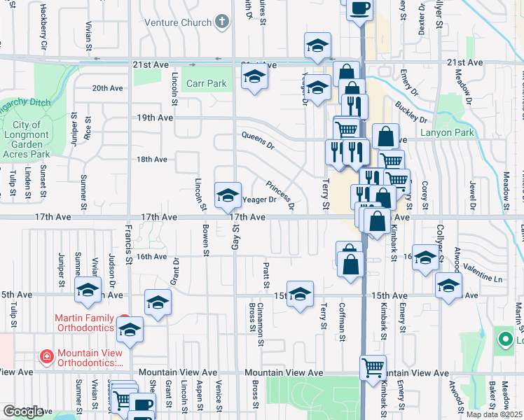 map of restaurants, bars, coffee shops, grocery stores, and more near 1008 Yeager Drive in Longmont