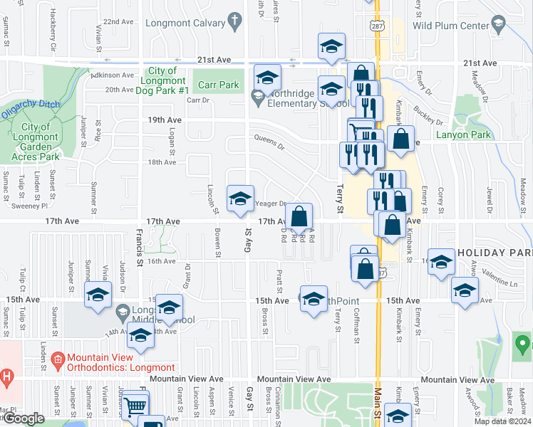 map of restaurants, bars, coffee shops, grocery stores, and more near 1729 Countess Court in Longmont