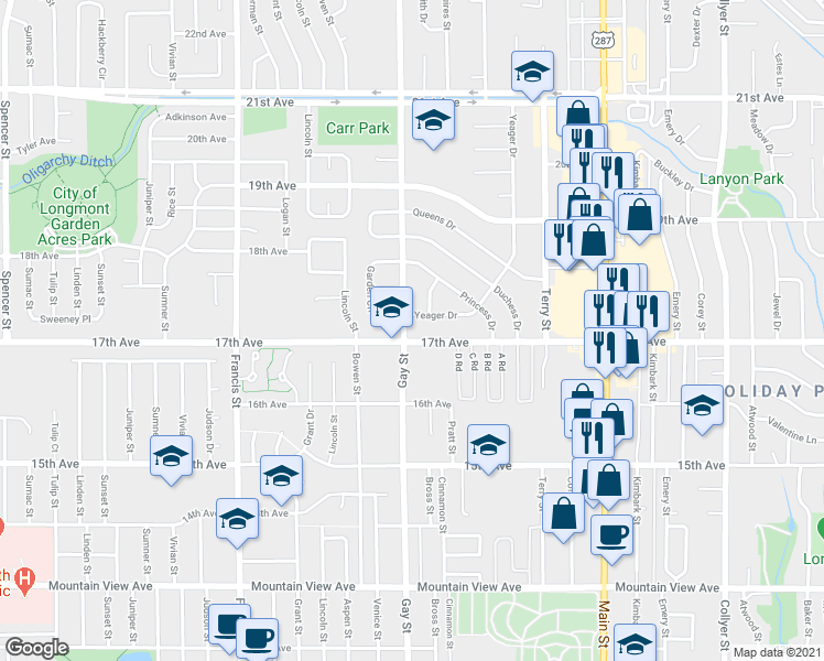 map of restaurants, bars, coffee shops, grocery stores, and more near 1729 Countess Court in Longmont