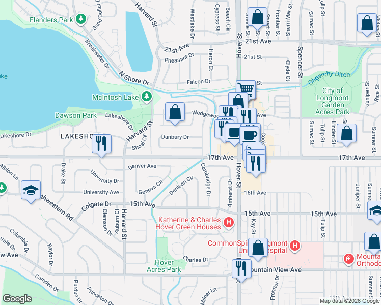 map of restaurants, bars, coffee shops, grocery stores, and more near 2518 Danbury Drive in Longmont