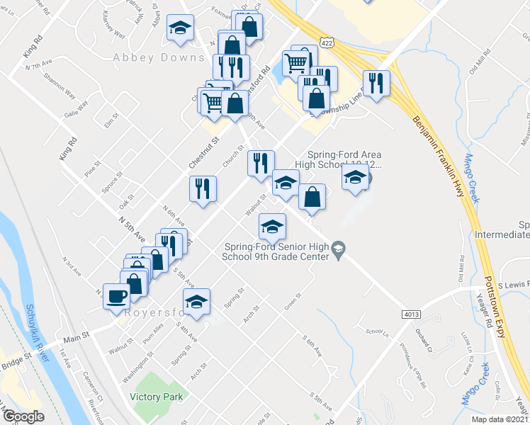 map of restaurants, bars, coffee shops, grocery stores, and more near 735 Washington Street in Royersford