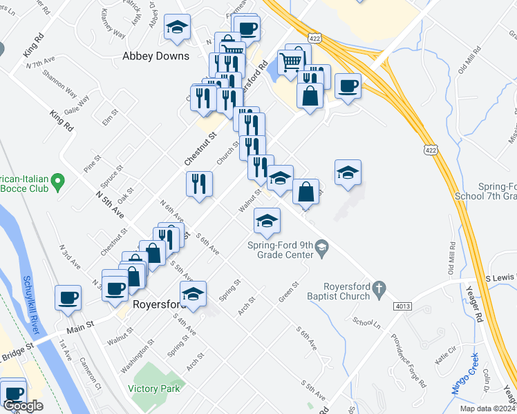 map of restaurants, bars, coffee shops, grocery stores, and more near 743 Walnut Street in Royersford